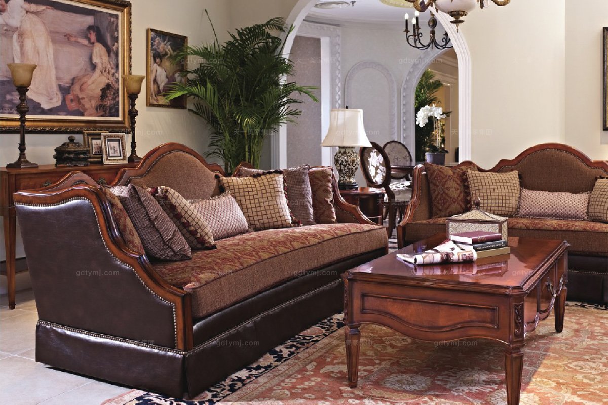 高端家具美式皮布結合三位沙發