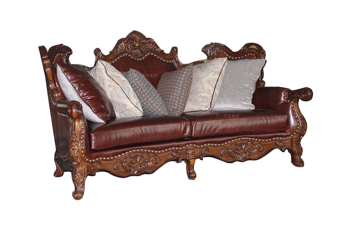 高端家具美式雕花真皮三位沙發