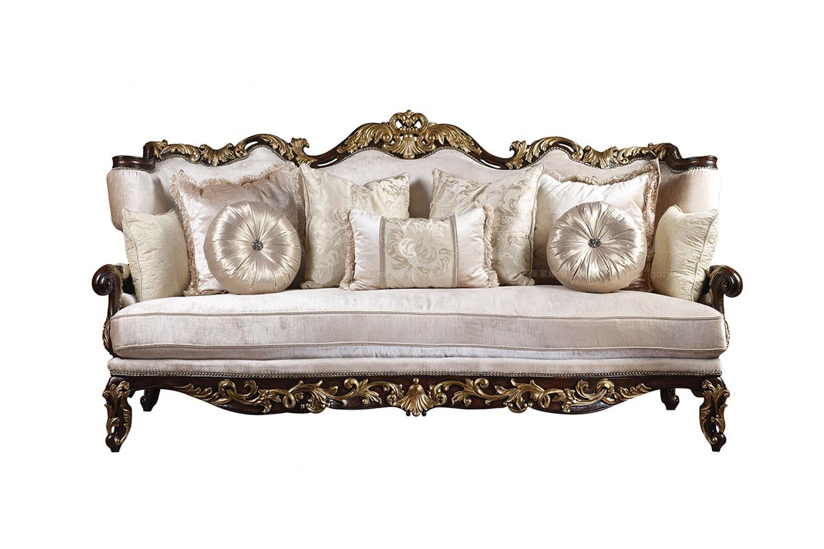 高端家具美式實木雕花布藝三位沙發