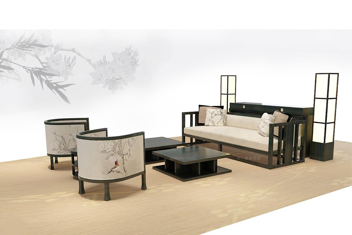 高端新中式花鳥三人沙發