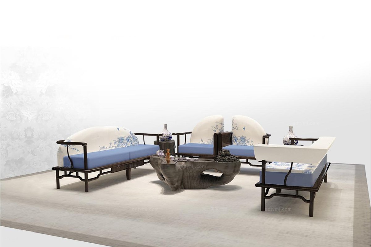 高端新中式青花單人沙發