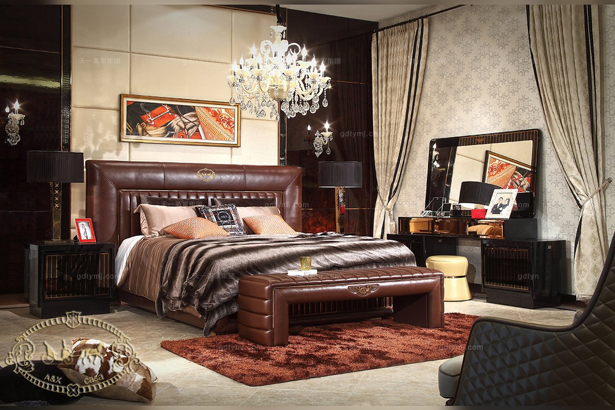 高端別墅會所樣板房家具后現代棕色大床