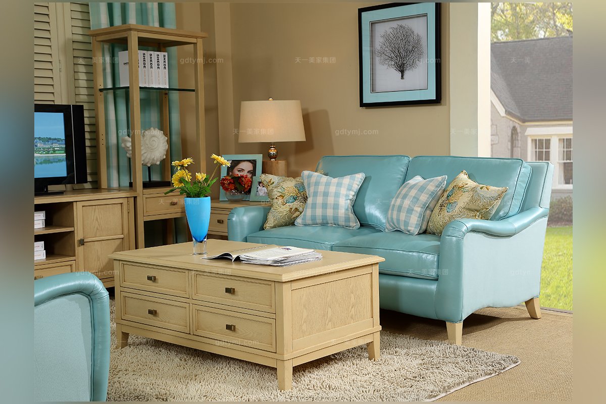 高端別墅家具美式藍色真皮雙人位沙發