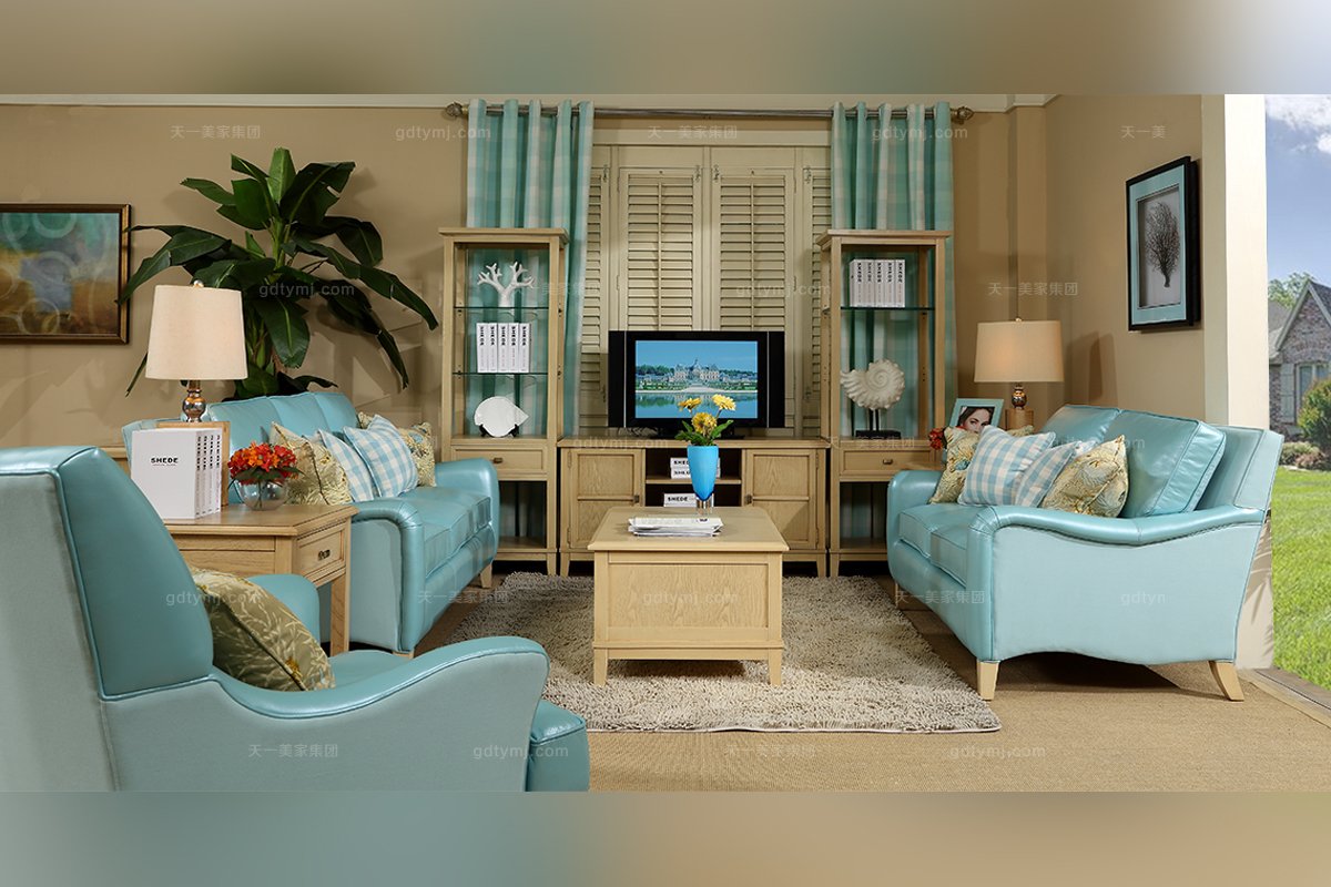 世界高端家具美式藍色真皮單人位沙發