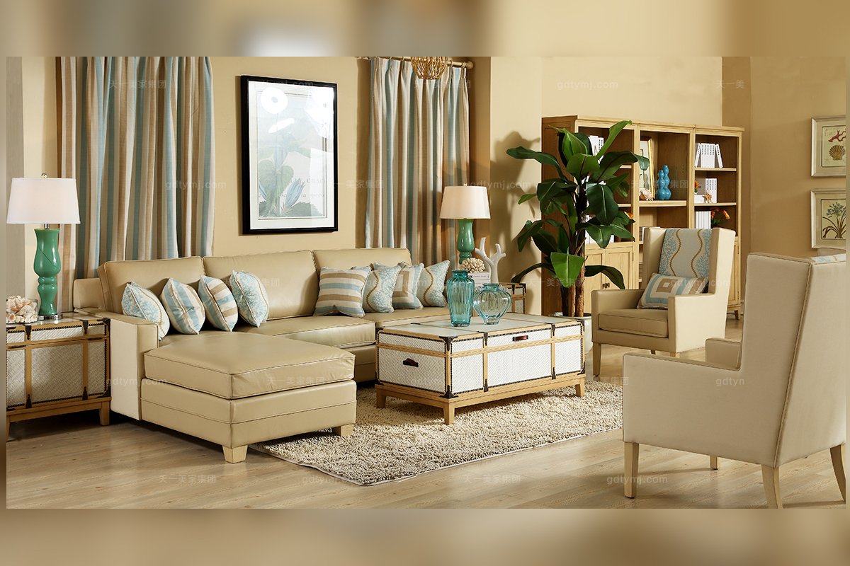 高端美式別墅家具品牌真皮米黃轉角沙發