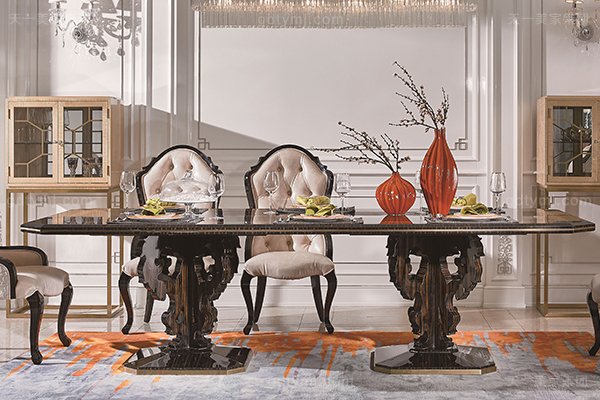 高端現代輕奢華餐廳家具實木餐廳餐桌黑檀木皮楓影木皮拼花真皮餐椅餐桌組合長餐桌