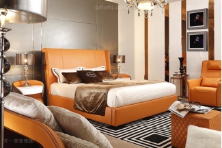 高端后現代風輕奢臥室家具橙色皮桃木紋飾板真皮臥室床組合