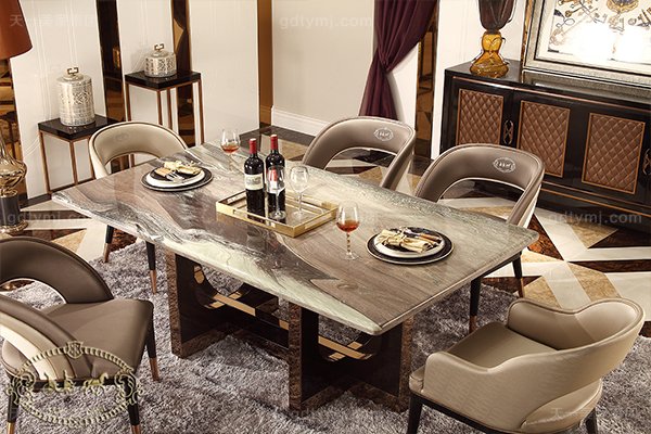 名貴后現代輕奢家具客廳餐桌椅山水紫石面餐桌拉絲紋真皮餐椅