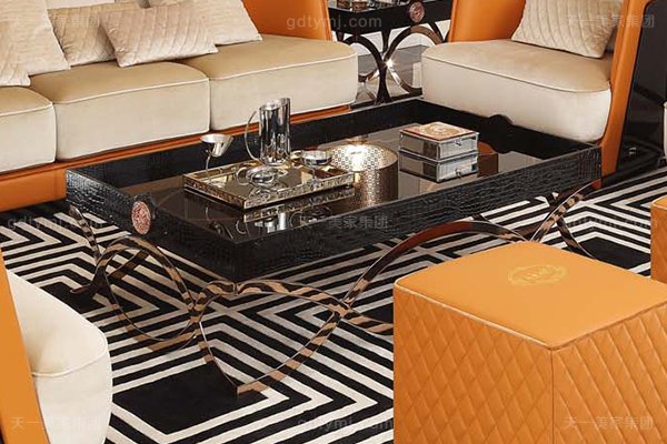 高端后現代輕奢客廳家具橙色皮桃木紋飾板真皮沙發組合長幾