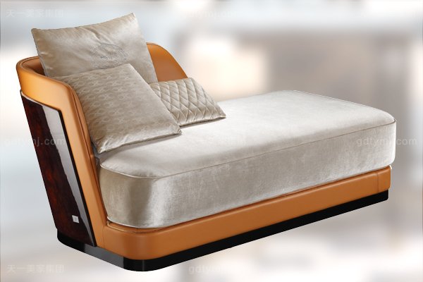 高端后現代風輕奢臥室家具橙色皮桃木紋飾板真皮臥室床組合貴妃椅