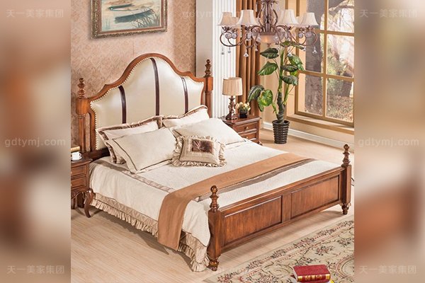 高端別墅家具優質橡膠木好實木頭層黃牛皮1.8米大床