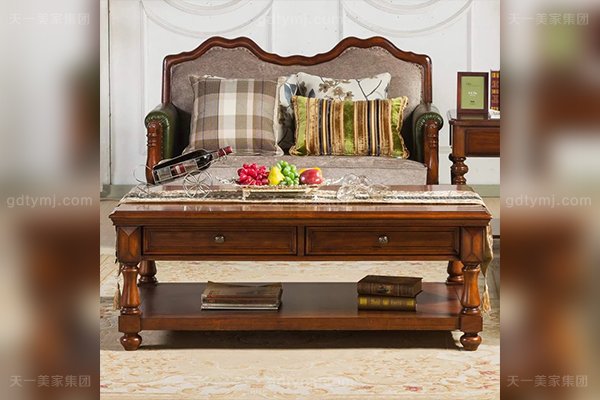 高端別墅家具優質橡膠木好實木雙層四抽美式長茶幾