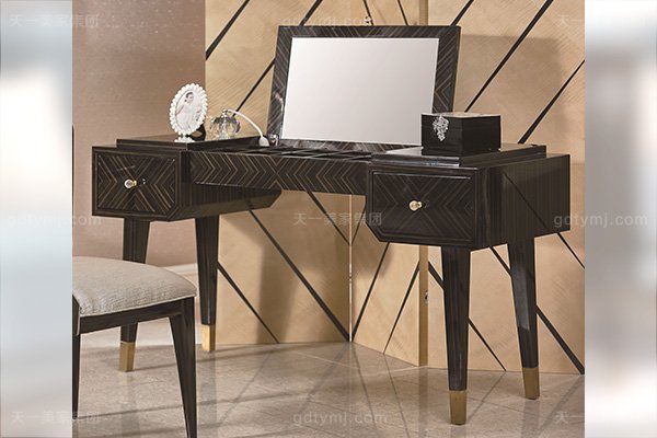 高端后現(xiàn)代別墅輕奢風(fēng)格臥室家具實(shí)木楓影黑檀木皮拼花妝臺妝椅組合妝臺