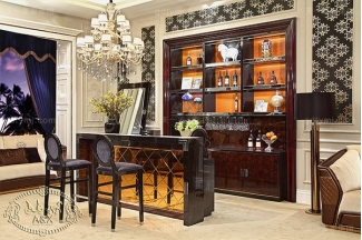 高端后現代輕奢家具黑鱷紋+黑牛角+桃木紋飾面吧臺椅酒柜組合