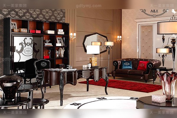 名貴奢華后現代輕奢書房家具桃木紋+黑檀木飾面+黑亮雕花腳書桌椅組合