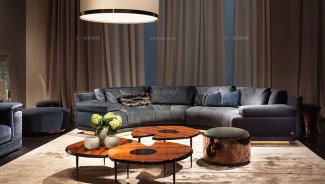 高端別墅優質絨布弧形沙發+茶幾組合