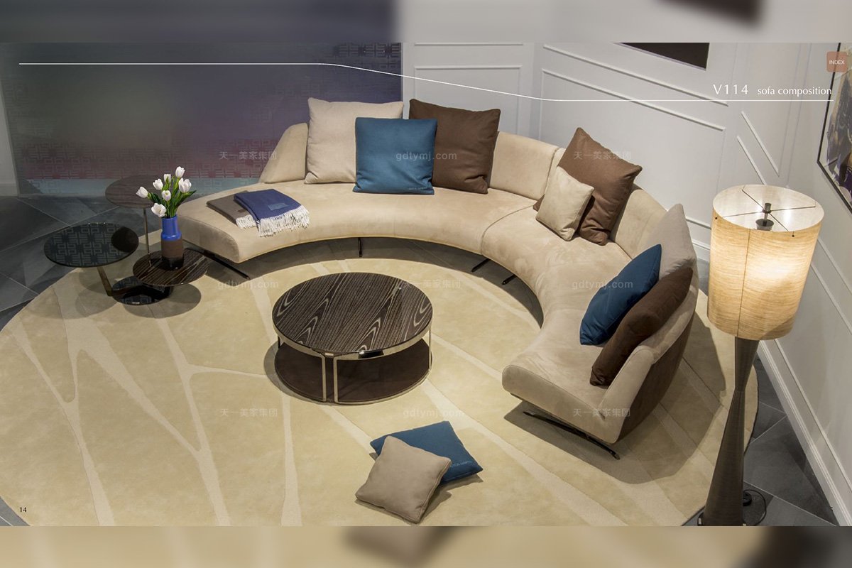 奢華別墅家具品牌客廳棕灰色輕奢后現代圓弧形轉角沙發