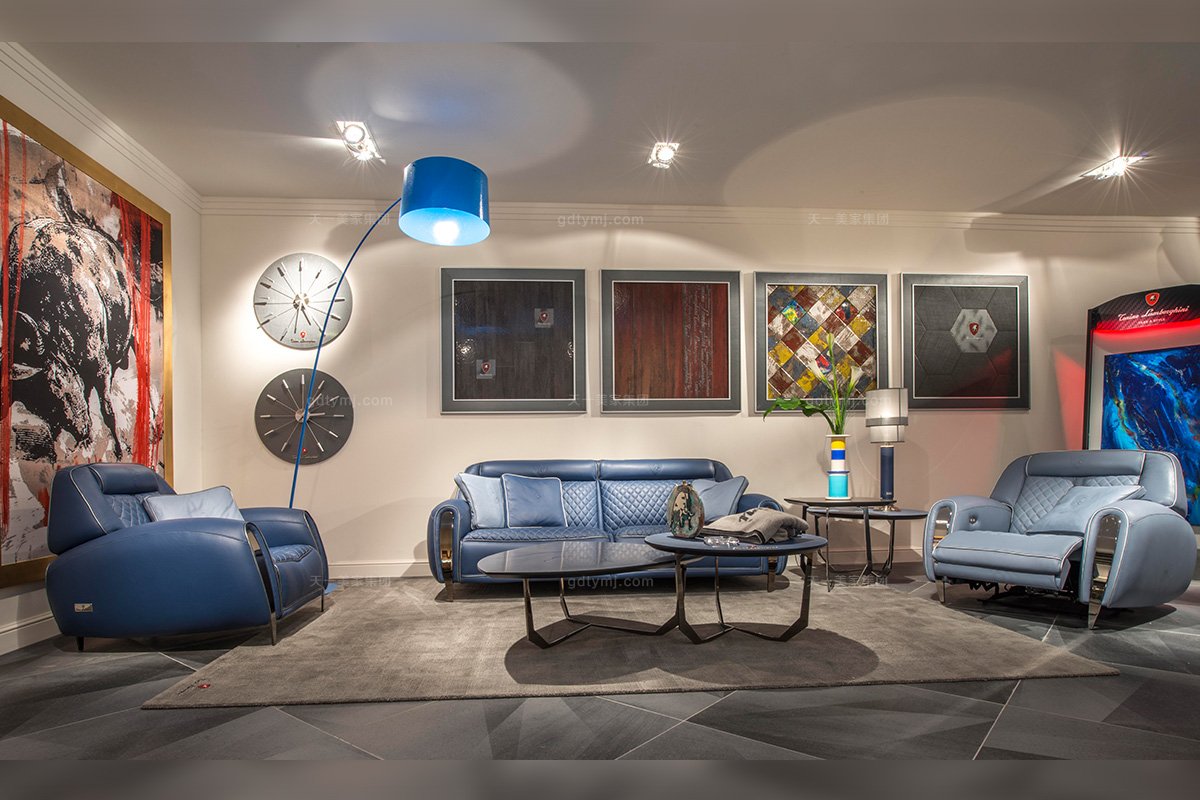 名貴奢華豪宅別墅家具品牌蘭博基尼客廳藍色真皮沙發