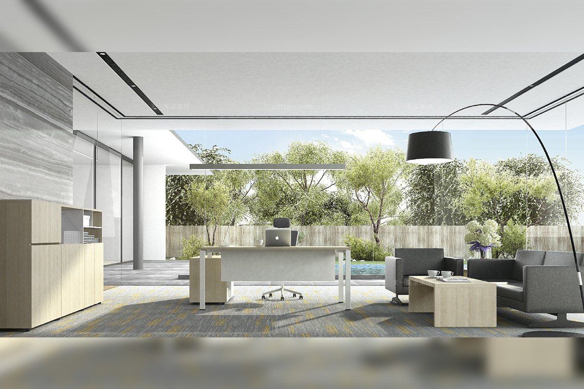 別墅會所高端辦公家具品牌現代時尚原木色辦公桌椅書柜組合