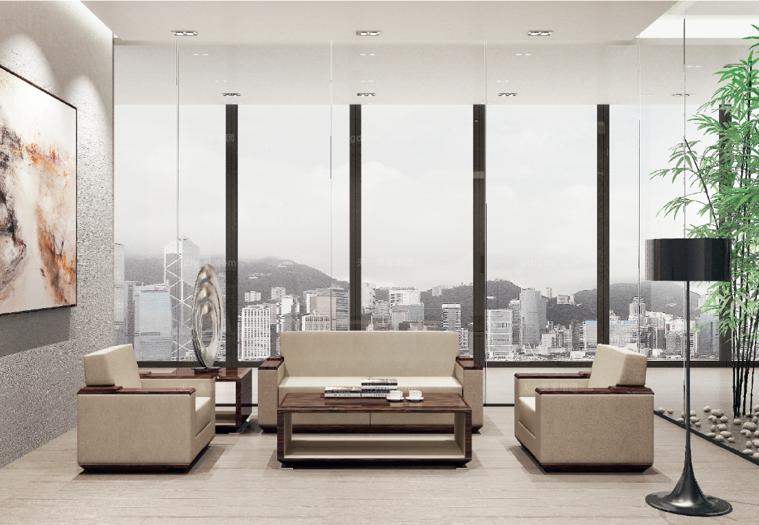 高端辦公家具品牌現代時尚輕奢米黃色真皮實木會客辦公沙發組合