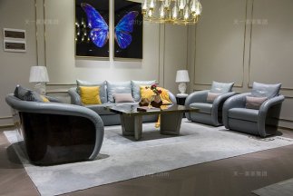 高端別墅家具品牌輕奢后現代客廳藍色真皮實發組合