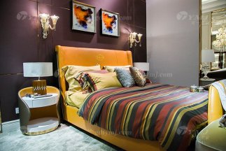 高端別墅豪華家具輕奢后現代品牌臥室愛馬仕橙真皮大床