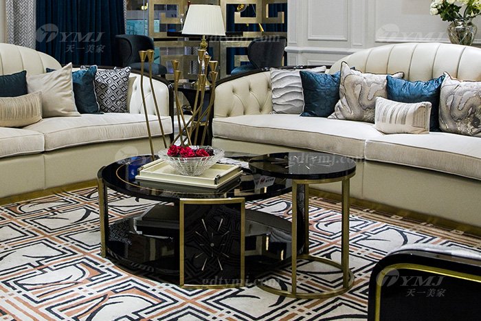 輕奢現代家具品牌高端奢華會所別墅家具客廳實木黑檀真皮沙發組合茶幾