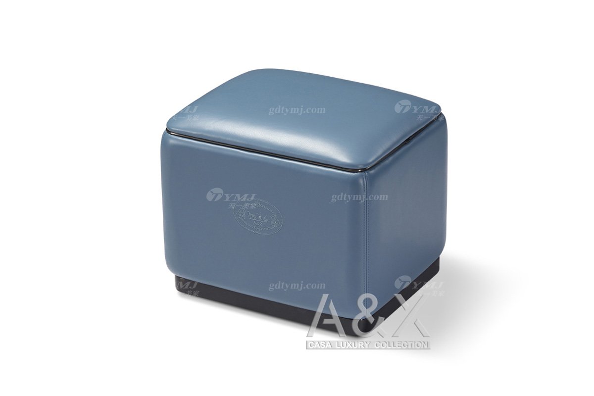 高端別墅家具品牌輕奢后現代海圖藍色真皮客廳沙發組合方凳