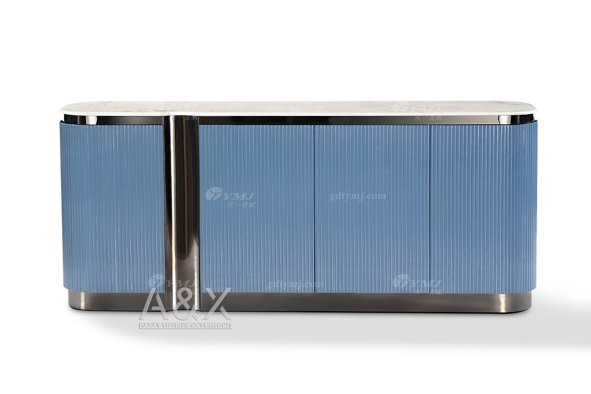 奢華別墅家具品牌輕奢后現代海圖藍色真皮餐廳餐桌餐椅組合系列餐柜