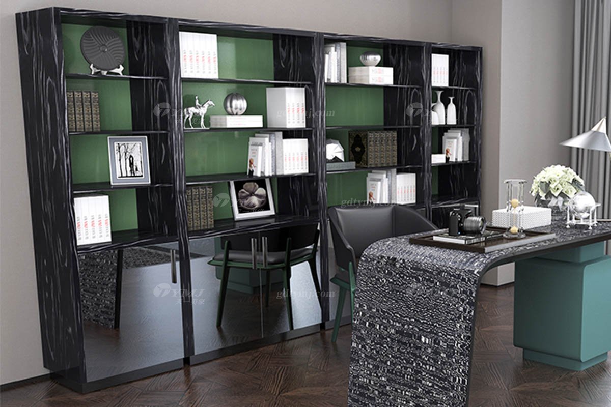 奢華別墅會所家具時尚樣板間家具輕奢后現代書房真皮書柜書桌書椅系列書柜