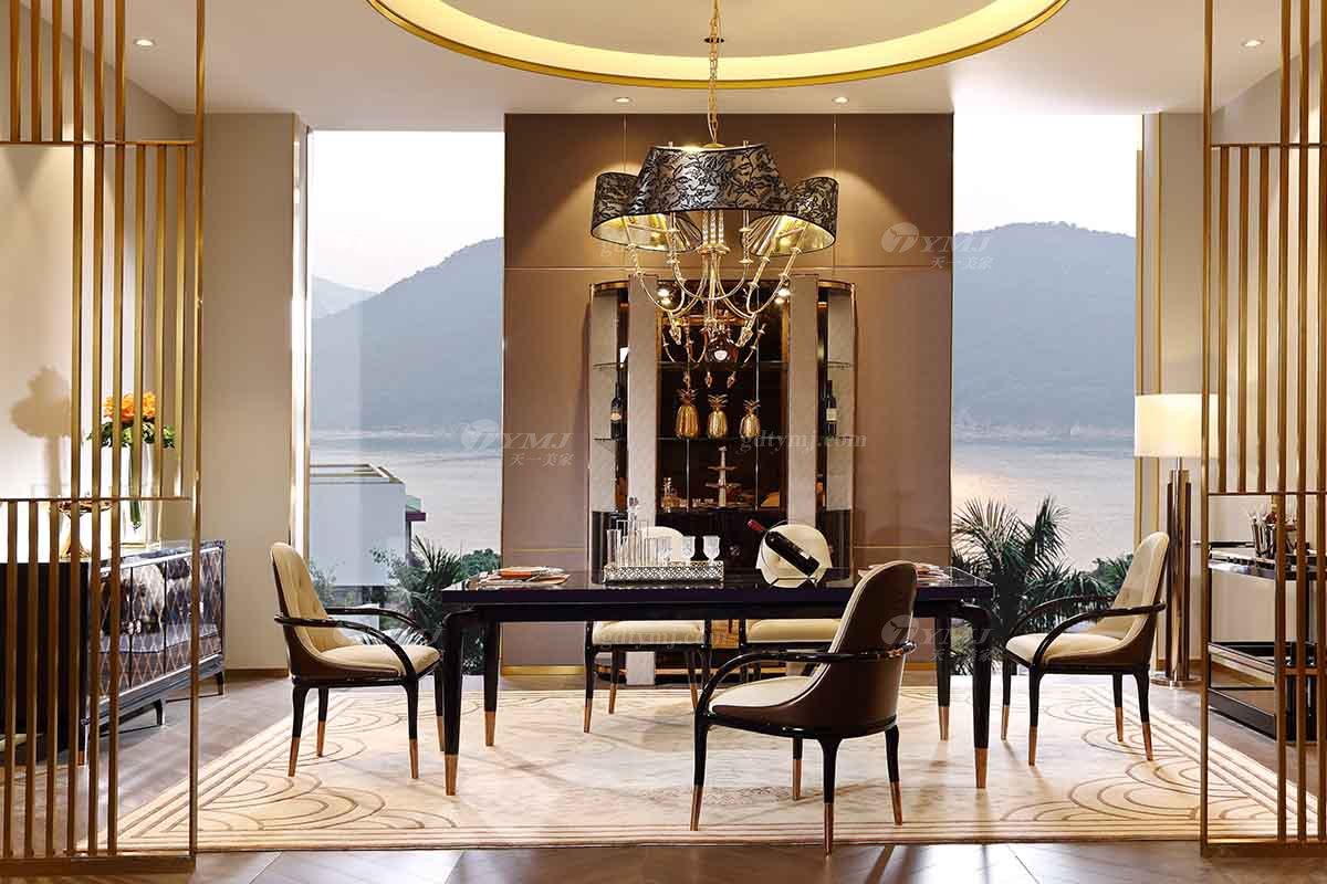 奢華別墅家具品牌高端樣板間家具輕奢后現代餐廳時尚黑亮茶玻玫瑰金餐桌椅組