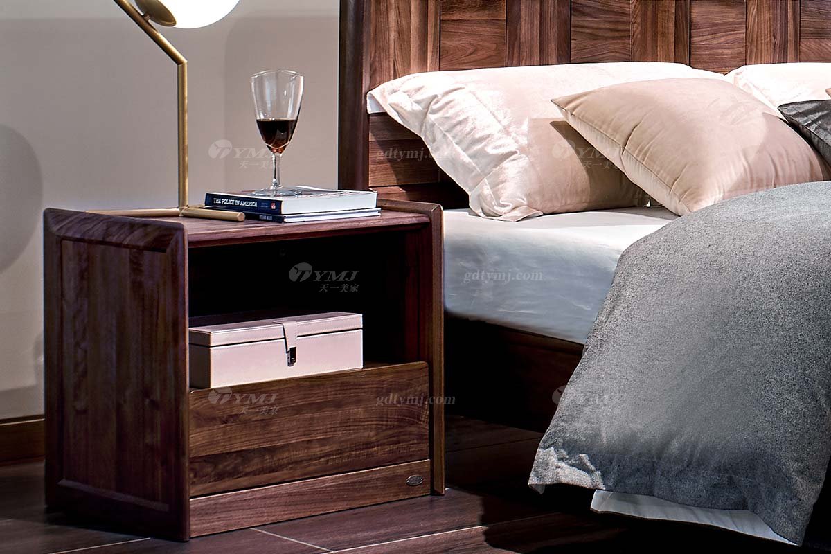 高端會所別墅家具品牌樣板房家具輕奢新中式風格黑胡桃實木家具大床系列床頭柜