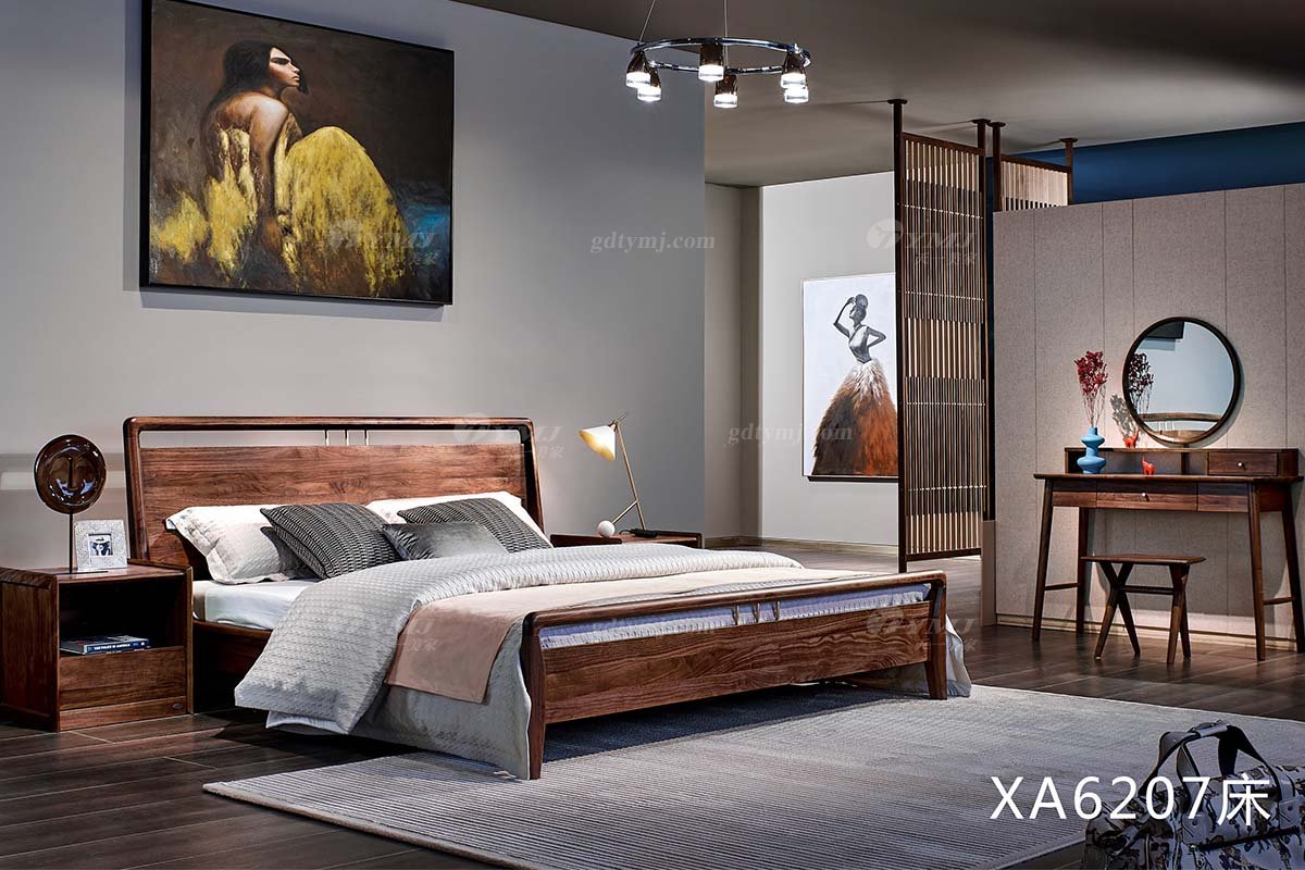 高端會所別墅家具品牌樣板房家具輕奢新中式風格黑胡桃實木家具雙人大床系列