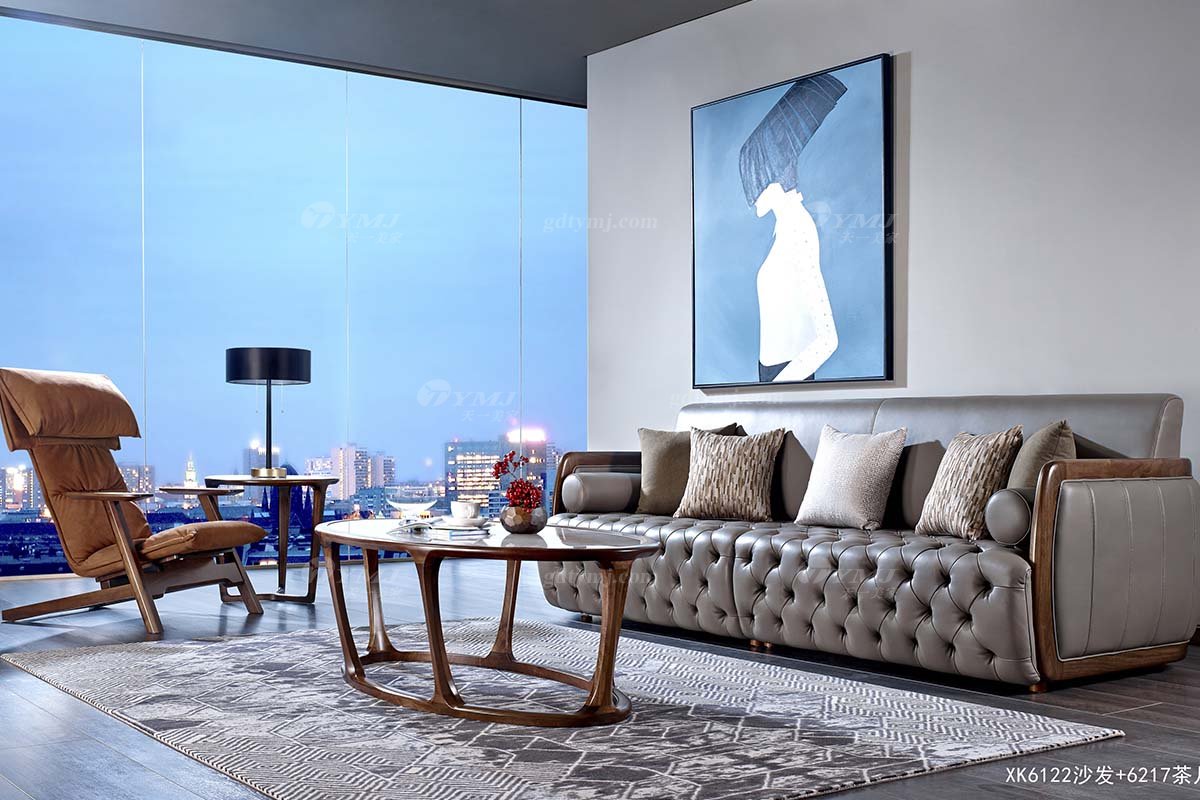 高端別墅會所家具品牌樣板房家具輕奢新中式風格黑胡桃真皮沙發系列