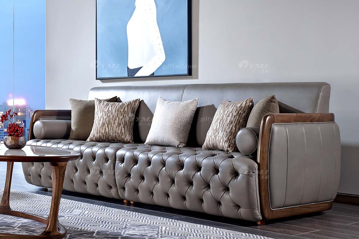 高端別墅會所家具品牌樣板房家具輕奢新中式風格黑胡桃真皮沙發系列四位沙發