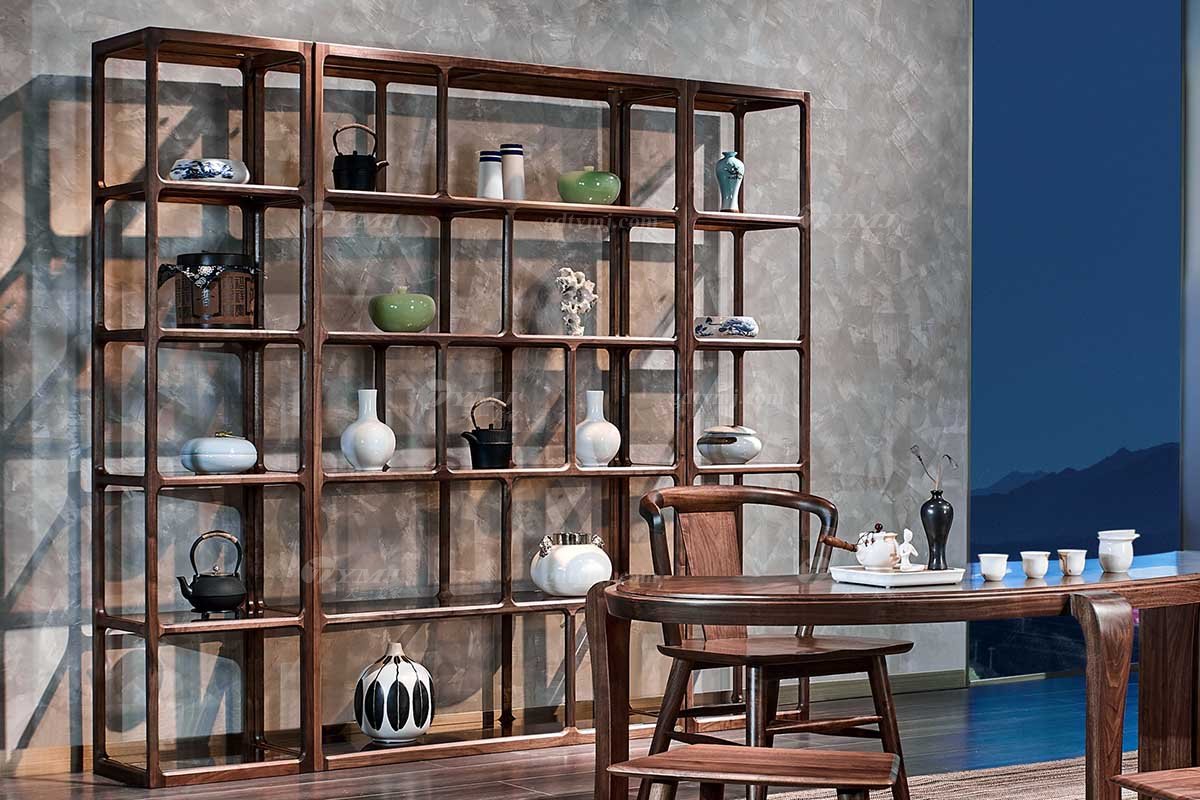 高端別墅會所家具品牌樣板間家具輕奢新中式風格書房家具黑胡桃實木書柜書桌組合系列間廳柜