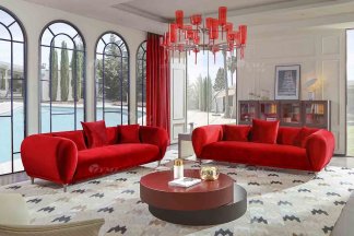 現代輕奢別墅會所品牌家具紅色絨布藝三位沙發