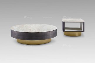 高端別墅現代輕奢家具高級大理石+灰橡色大圓幾