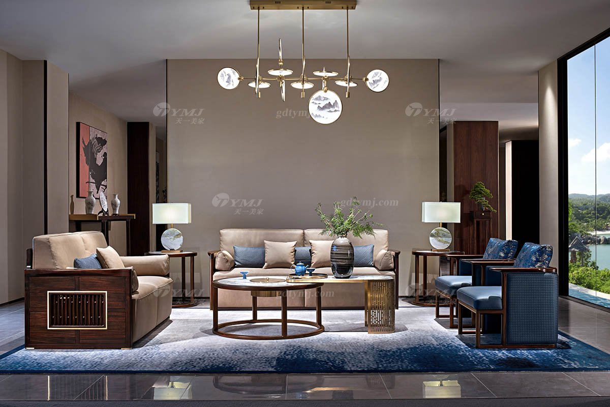 優雅新中式輕奢高端品牌家具黑酸枝實木意大利真皮三位沙發三位沙發H-PMSF3場景