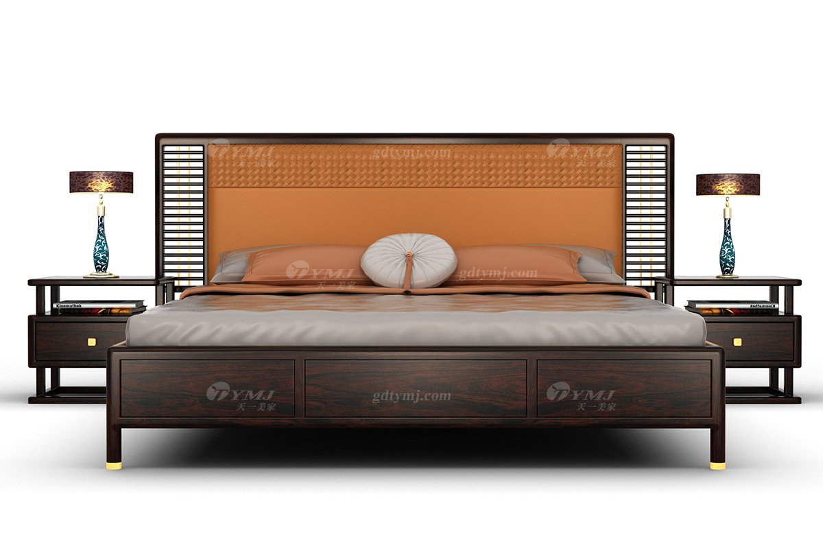 優雅新中式輕奢高端品牌家具黑酸枝實木橙色意大利真皮大方床