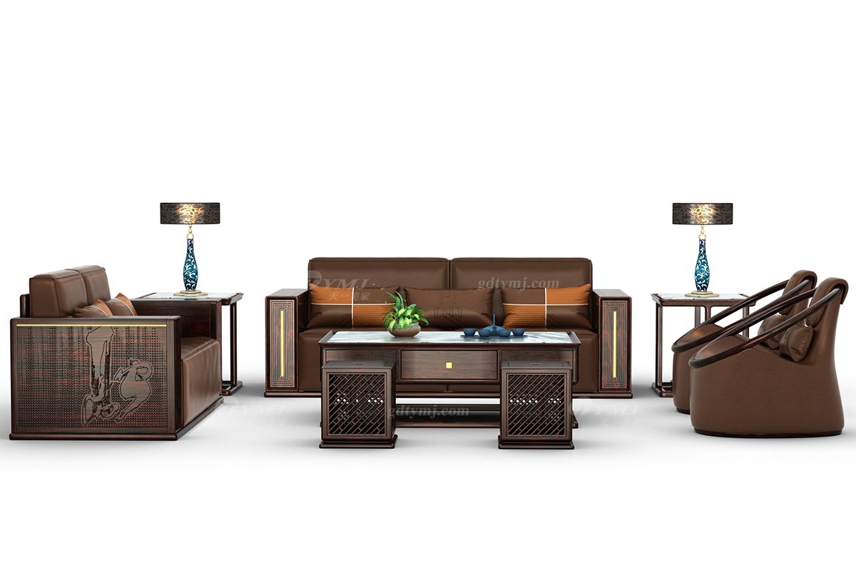 高檔別墅家具品牌新中式輕奢黑酸枝木意大利真皮雙人位沙發雙人位沙發H-PDSFA2