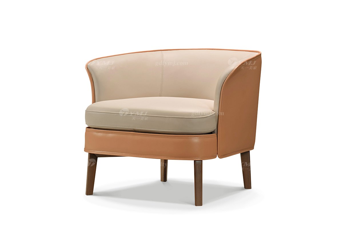 現代時尚輕奢家具別墅家具品牌橙色皮藝+北美黑胡桃實木單位沙發(fā)