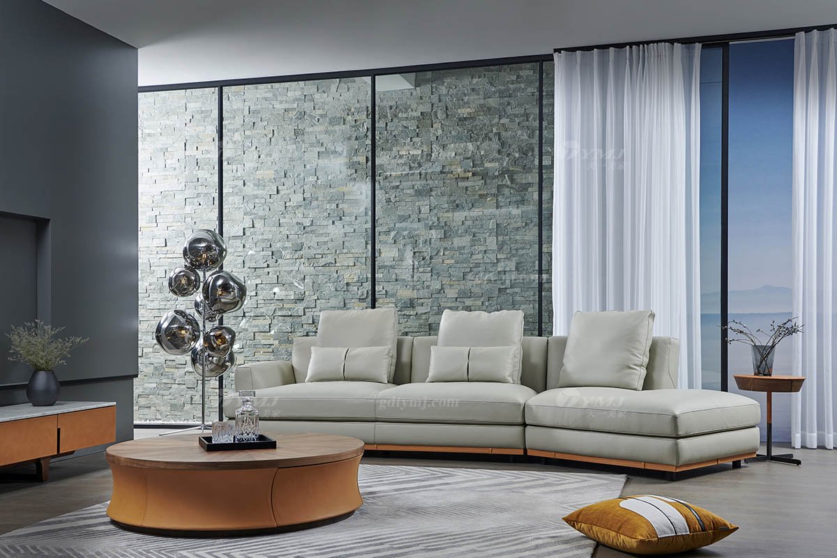 現代時尚輕奢家具別墅家具品牌客廳真皮+北美黑胡桃實木轉角沙發SF-11-L轉角沙發場景