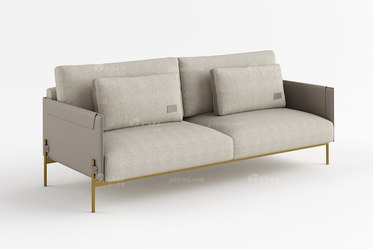 現代輕奢時尚別墅家具品牌高端皮布藝結合軟包舒適三人位沙發