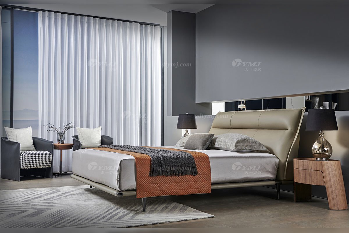 現代輕奢家具時尚別墅豪宅家具品牌高端臥室皮藝軟包大床雙人床A-08床場景