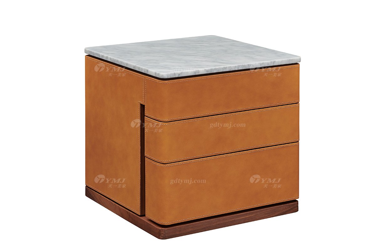現在時尚輕奢別墅家具品牌高端臥室大理石皮藝+黑胡桃實木床頭柜B-01床頭柜1