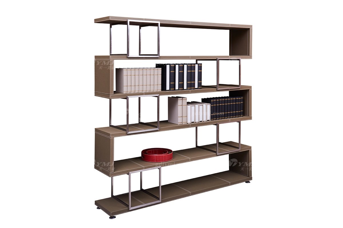 現代輕奢家具品牌別墅家具書房馬鞍皮藝+金屬書柜展示柜S-08展示柜