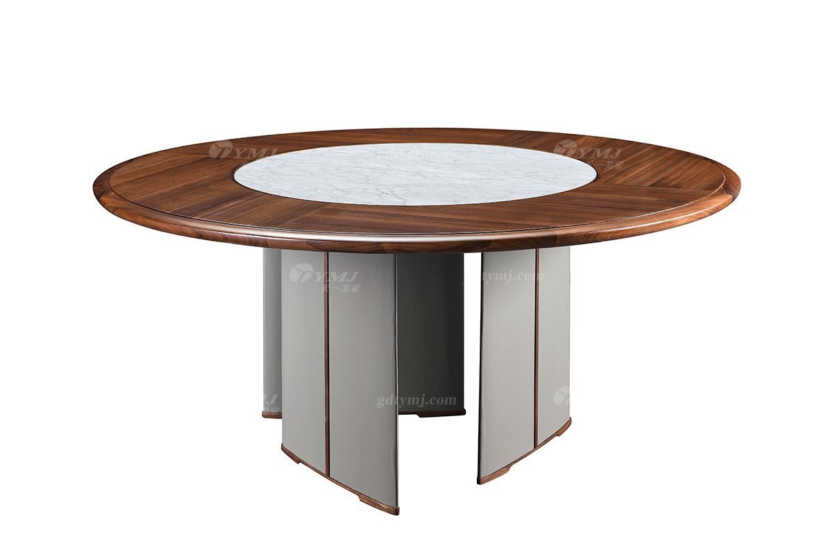 現代時尚輕奢別墅家具品牌餐廳北美黑胡桃實木+意大利卡拉拉白大理石圓餐桌DT-11圓餐桌
