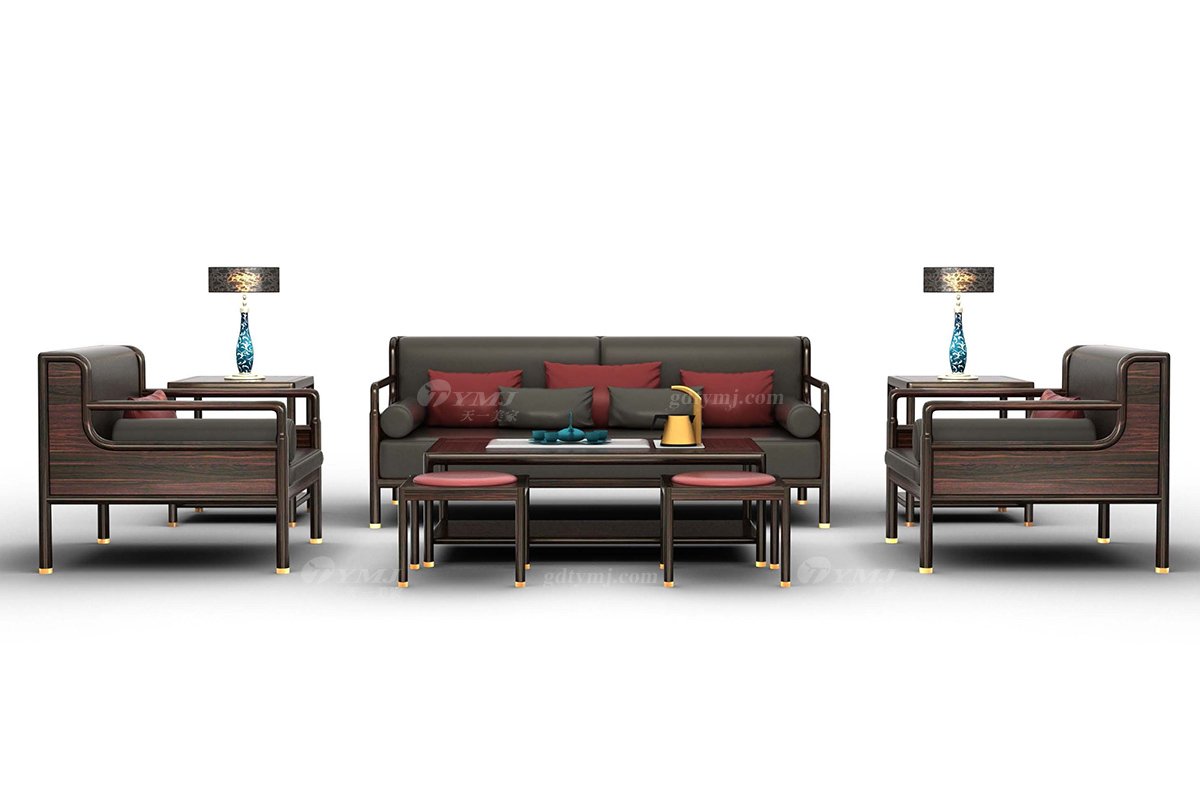 新中式家具品牌高端別墅會所家具進口烏金木實木茶幾H-GFSF1單位沙發組合