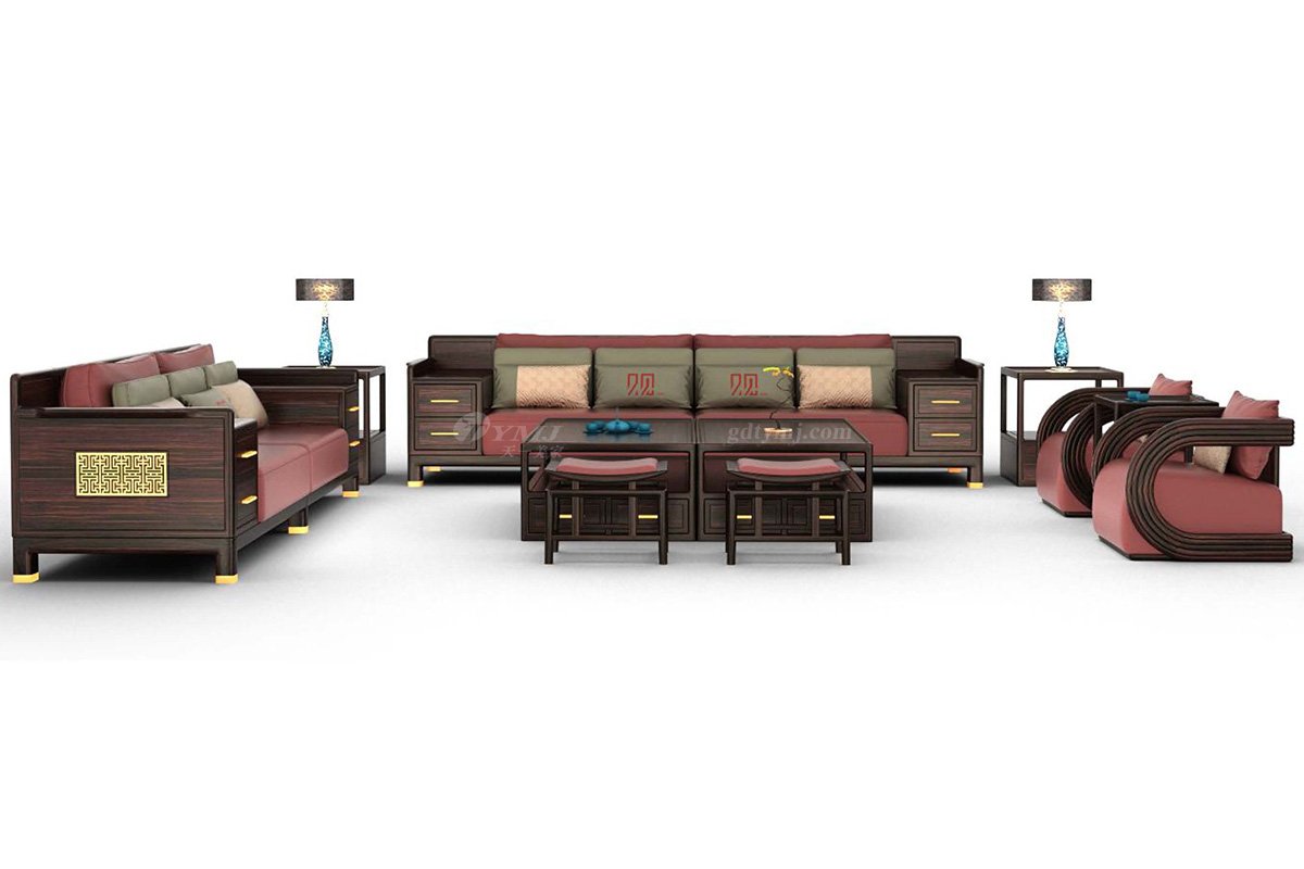 高端會所家具品牌別墅家具新中式風格進口烏金木深咖色單人位沙發H-GQSF1單人位沙發組合